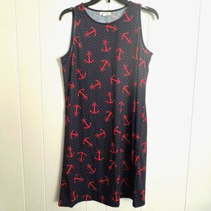 Exist Navy Blue w/White Polka Dot & Red Anchors Crewneck Sleeveless Dress S NWOT